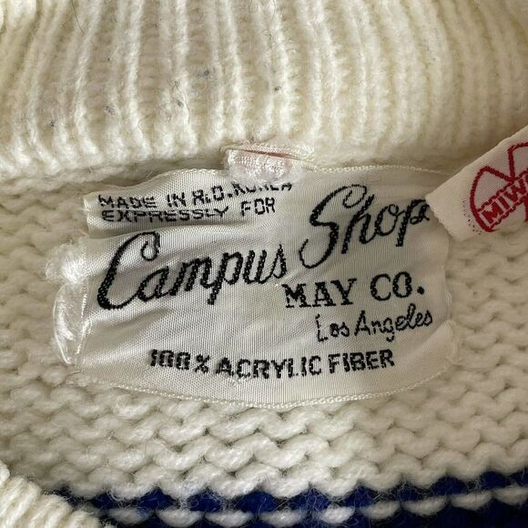 VINTAGE 70s Campus Shop May Co LA Fair Isle Knit Cardigan Snowflake - Acrylic - Picture 5 of 6